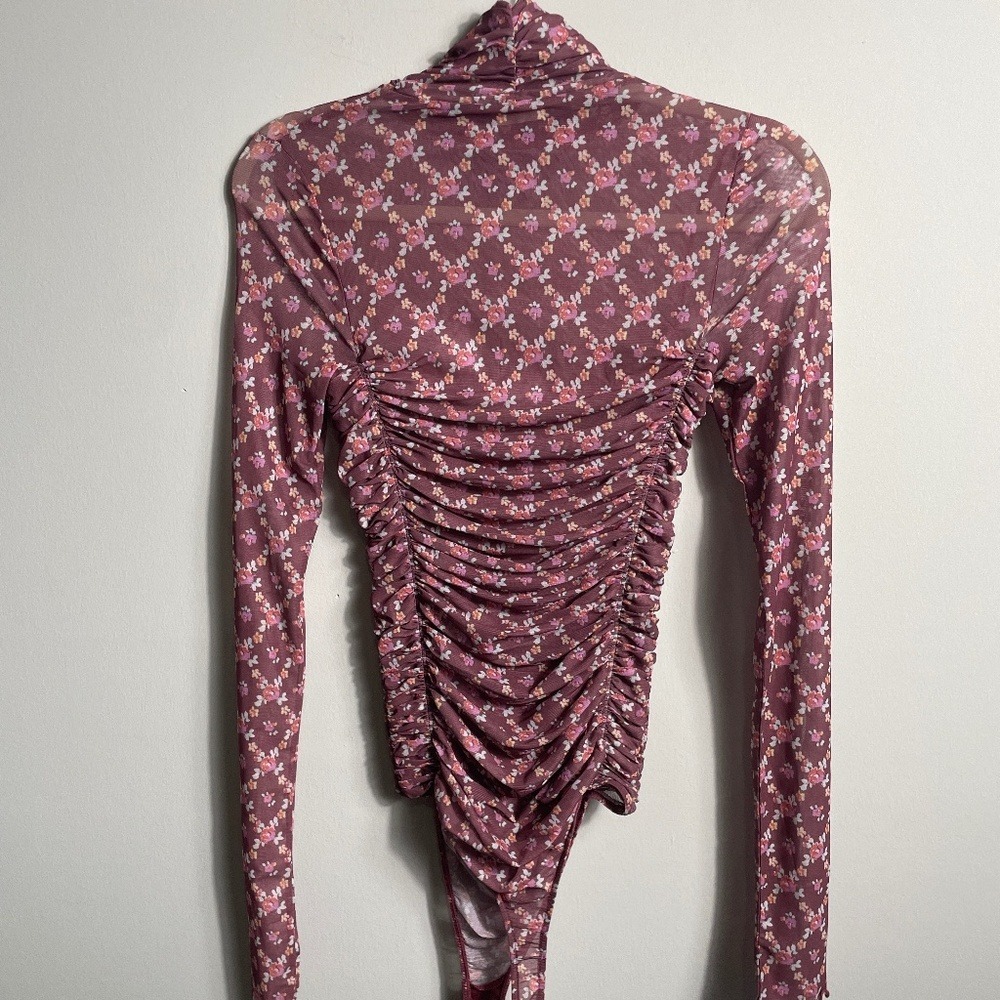Free People Floral Mesh Ruched Bodysuit Turtleneck M Festival Coquette